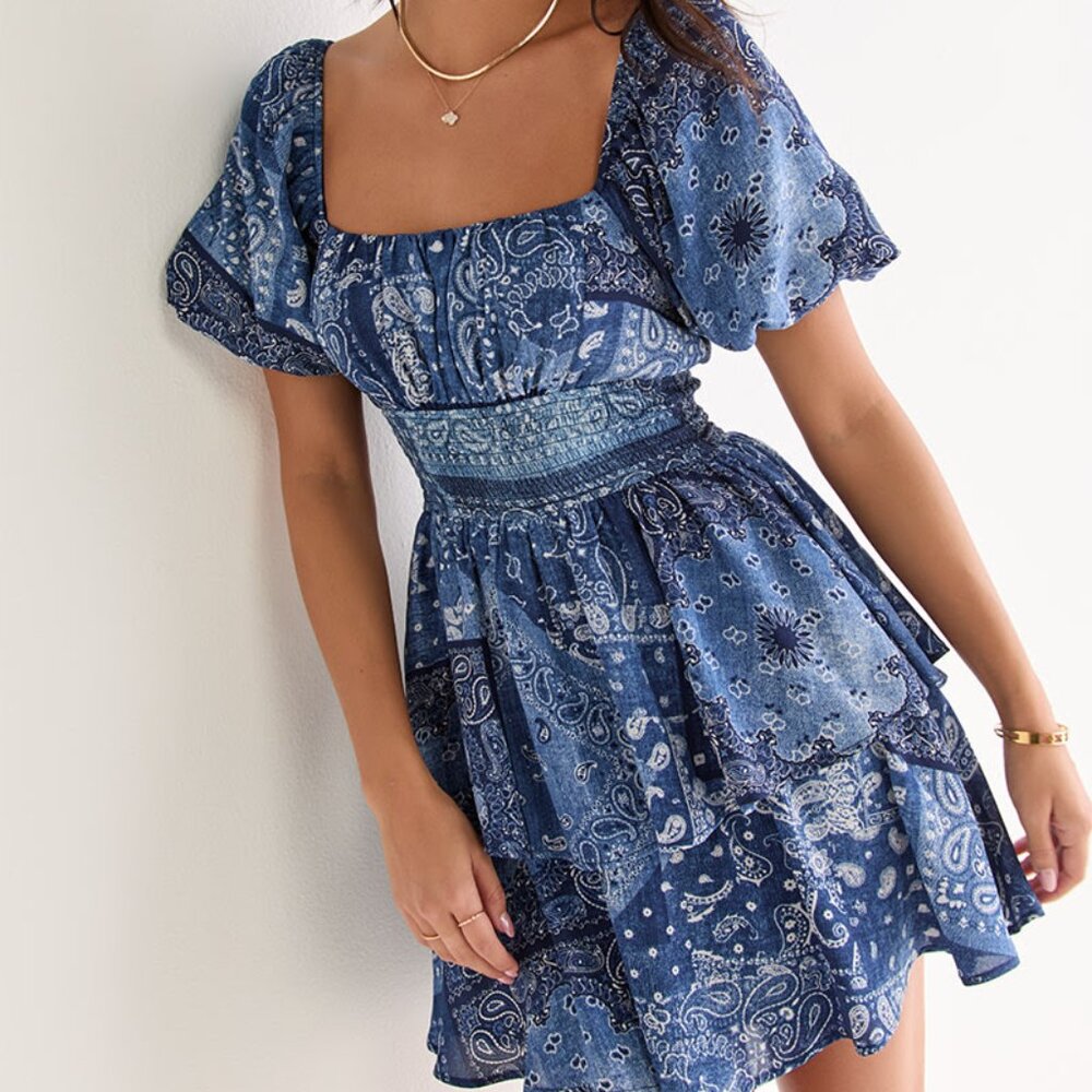 Sonya Blue Bandana Patchwork Mini Dress | Size Large | NEW WITH TAGS